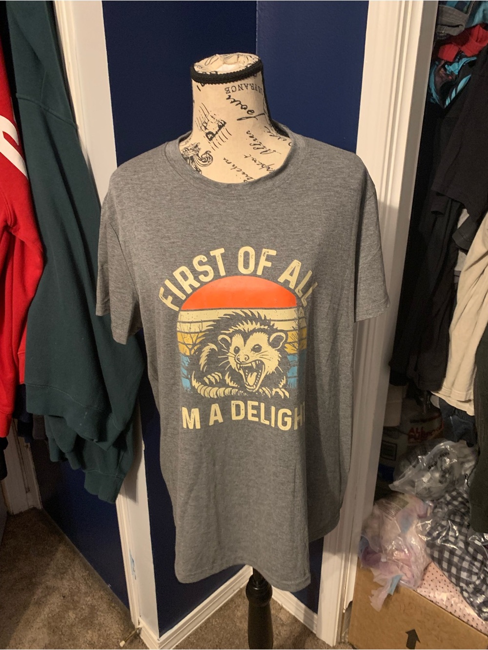 Men's Grey Graphic T-Shirt with Retro Possum Print
